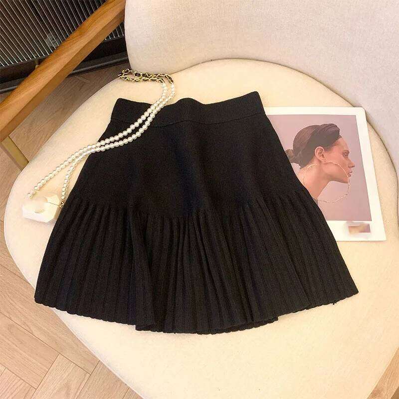 Solid High Waist Knitted Pleated Skirt Women Autumn Winter Sweet Preppy Style Mini Korean Chic Slimming A-Line Skirts XJ260309