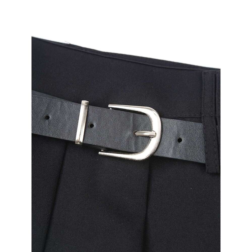 Womens Pleated Mini Waist Belt Side Zipper Solid Color JK Skirt with Safety Shorts for Daily Wear Shopping Vacation XJ260309