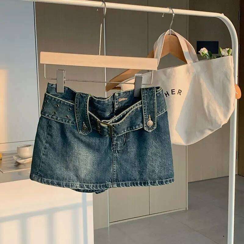 Y2K Summer New A-line Miniskirt High Waist Street Fashion Denim Retro Straight Tube Hip Wrap Women's Belt Skirt XJ260309