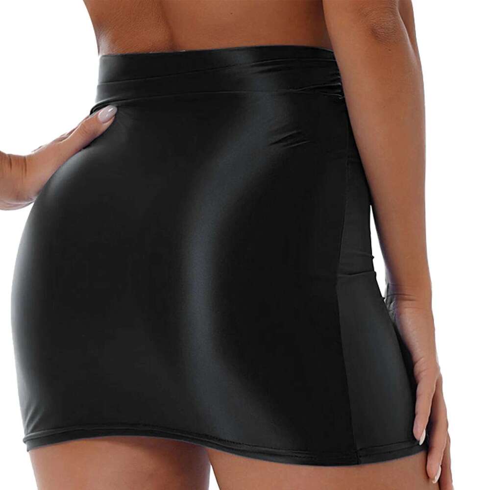Womens Glossy High Waist Bodycon Mini Skirts Casual Solid Color Rave Party Clubwear Elastic Performance Pencil Skirt Miniskirt XJ260309
