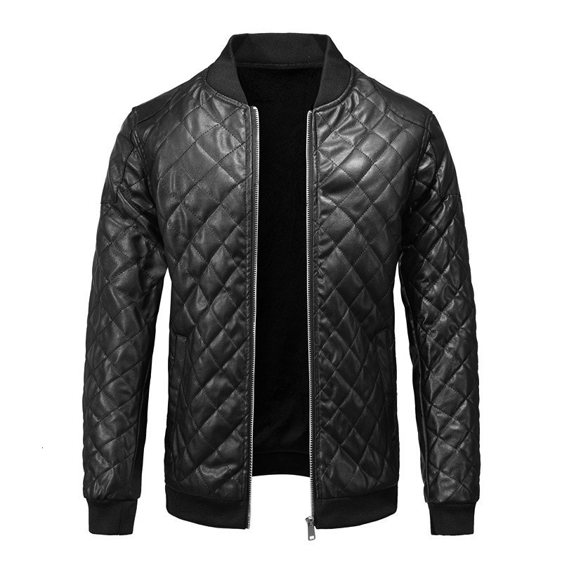Zipper pocket straight hem autumn and winter casual youth black standup collar mens leather jacket with cotton lining