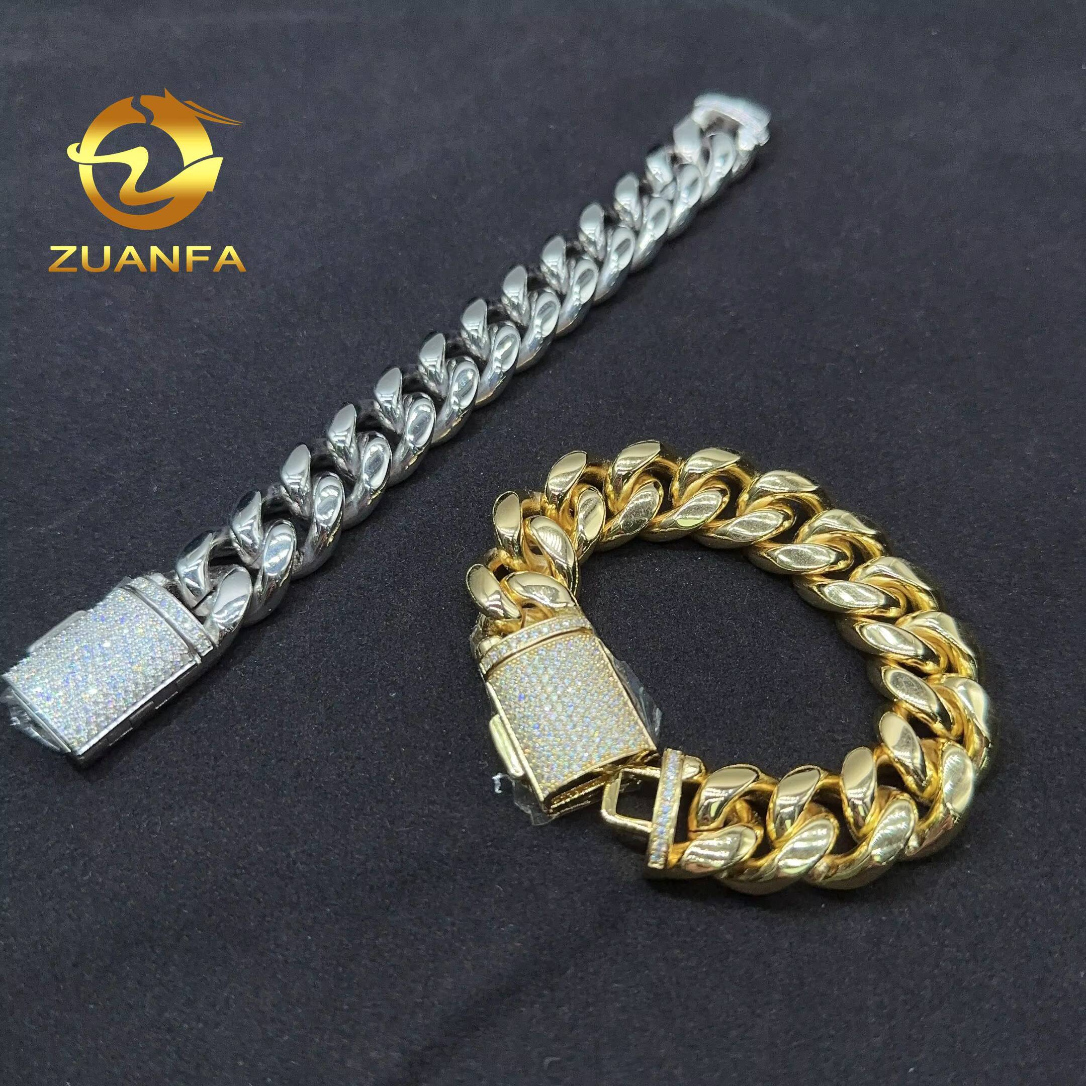 Hip Hop Necklace Iced Out Silver Moissanite Clasp 18mm14mm Stainless Steel Cuban Chain Gold Bracelet