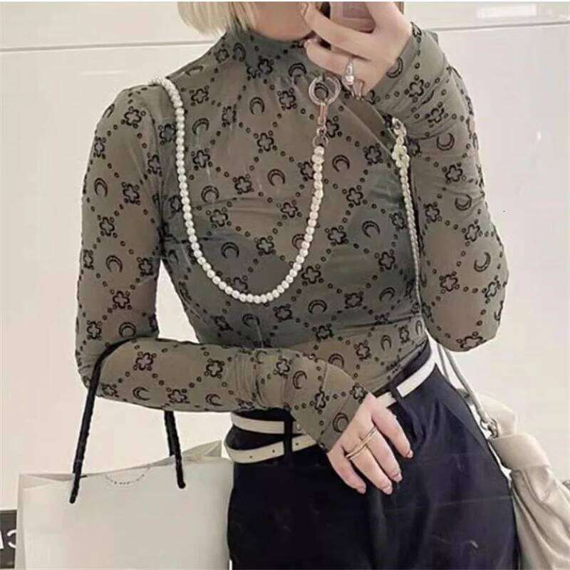 See Through Brand Women Tops Tulle Mesh Versatile Long Sleeve Moon Flocked Shirt Casual Thin Blouses Y K Sexy Sheer Blusas P MAKOUFEI