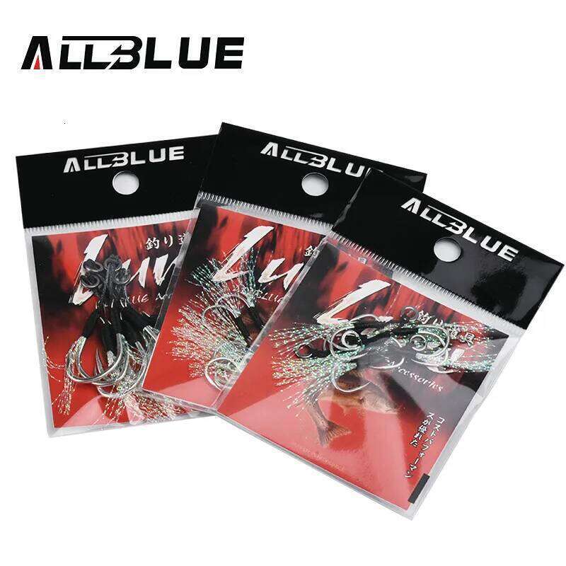 ALLBLUE 4pairs/lot Metal Jig Assist Hook With PE Line Feather Solid Ring Jigging Spoon Saltwater Fishhook for 5-80g Lure S260305