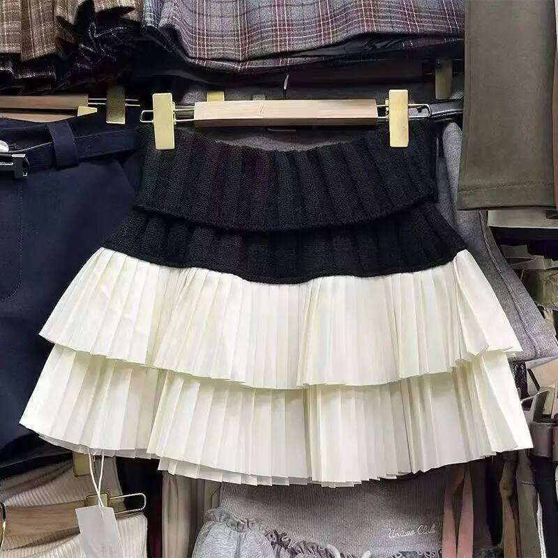 Knit White Autumn Winter A Line Short Woman Elastic Waist Women Knitted Black Mini Pleated Skirt XJ260309