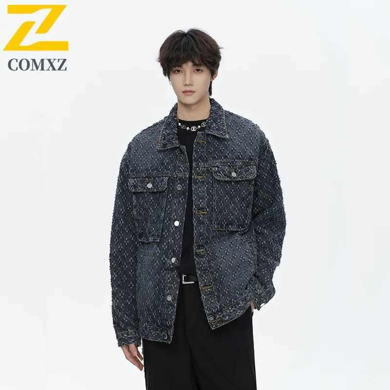 COMXZ 2025 Spring Fashion Distressed Brushed Plus Size Unisex Color Block Denim Jacket J8813 P65 Special Price M260309