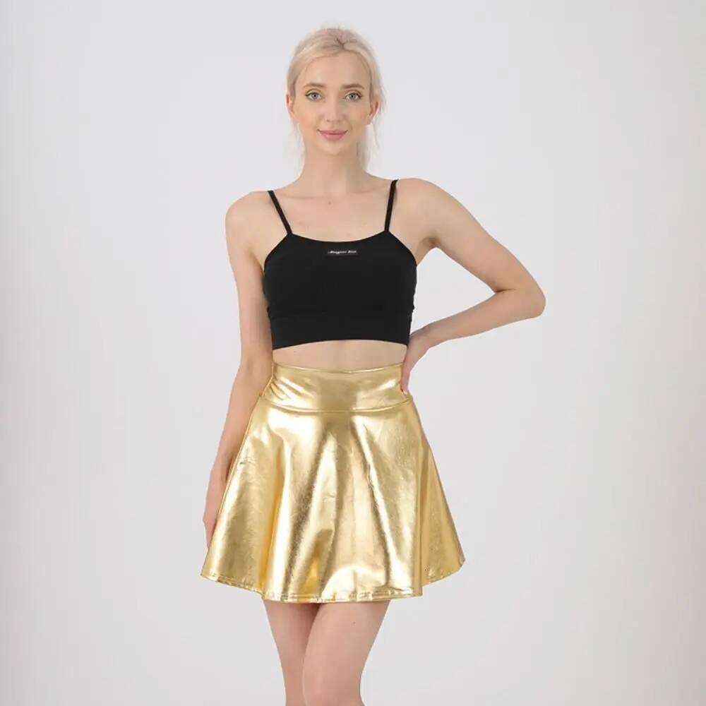 Elegant Metallic Pleated Gold Silver Flared Design Shiny Dress Retro Elastic Girls Short Mini Skirt Party Wear XJ260309
