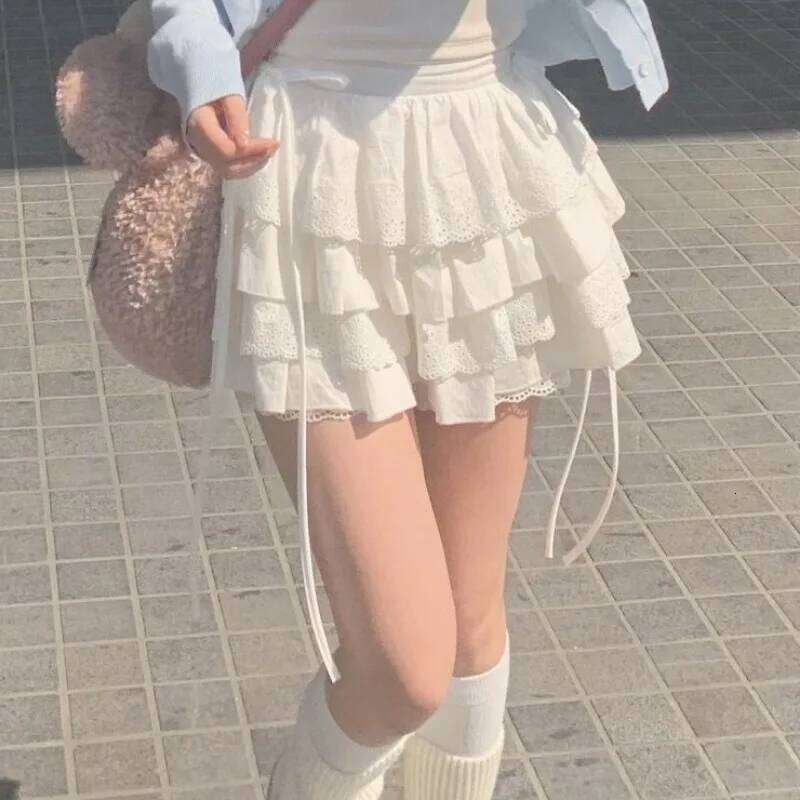 White Mini Skirts Women Lace Patchwork Sweet A-line High Street Bow Korean Fashion Y2k Skirt Harajuku All-match Streetwear Ins XJ260309