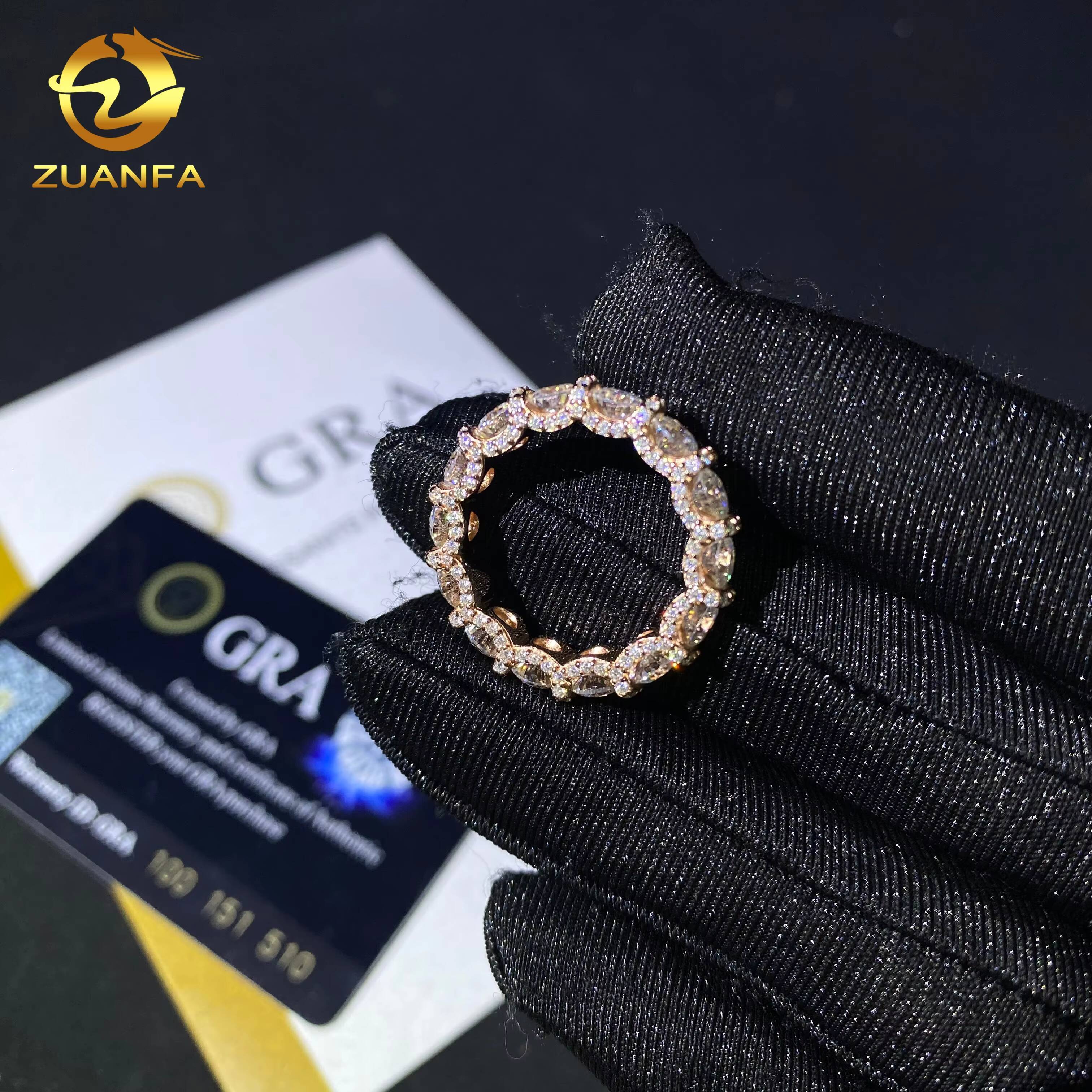 Luxury Rose Gold Fine Hip Hop Custom Iced Out Band Ring Moissanite Hip Hop Ring VVS Moissanite Diamond 925 Silver Jewelry Ring