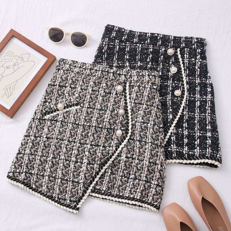 for Women Solid High Waist Slimming Skirts Autumn Spring 2021 Buttons Double Breasted Tweed Wool Mini Skirt XJ260309