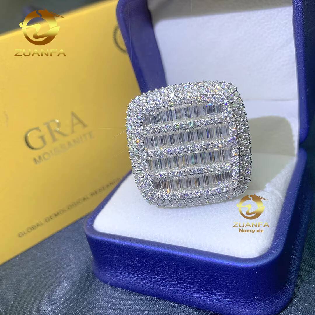 New Designs Ready to Ship Hip Hop Jewelry 925 Sterling Silver VVS baguette Moissanite Diamond Iced Out Rings for Men