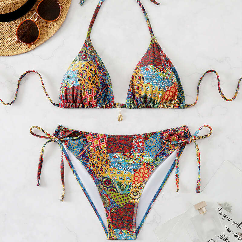 New European And American Cross-Border Amazon Halter Neck, Backless Bikini, Women's Two-Piece Swimsuit, Beachwear Without Underwire