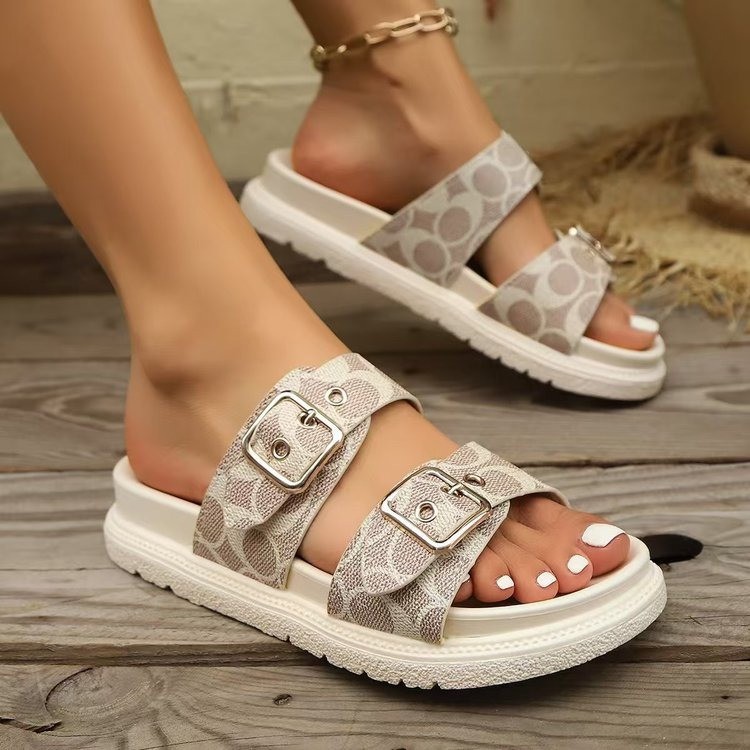 2026 Summer New Printed Design Thick Bottom Women's Slippers Fashion Leisure Beach Vacation Double Buckle Lightweight Anti slip Cool Slippers