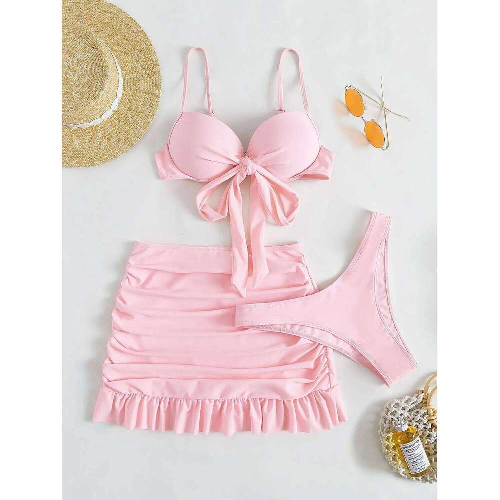 Women solid tie bow push up bikini sets three pieces with wrinkled ruffles mini skirt swimsuit bathing suit beach outfits XJ260206