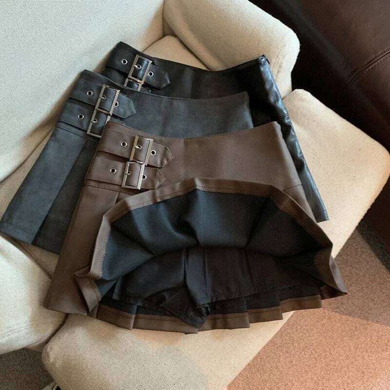 S-3XL Y2K Pu Leather Mini Women Streetwear High Waist Pleated Skirt Vintage Korean Black Slim Casual A Line Skirts XJ260309