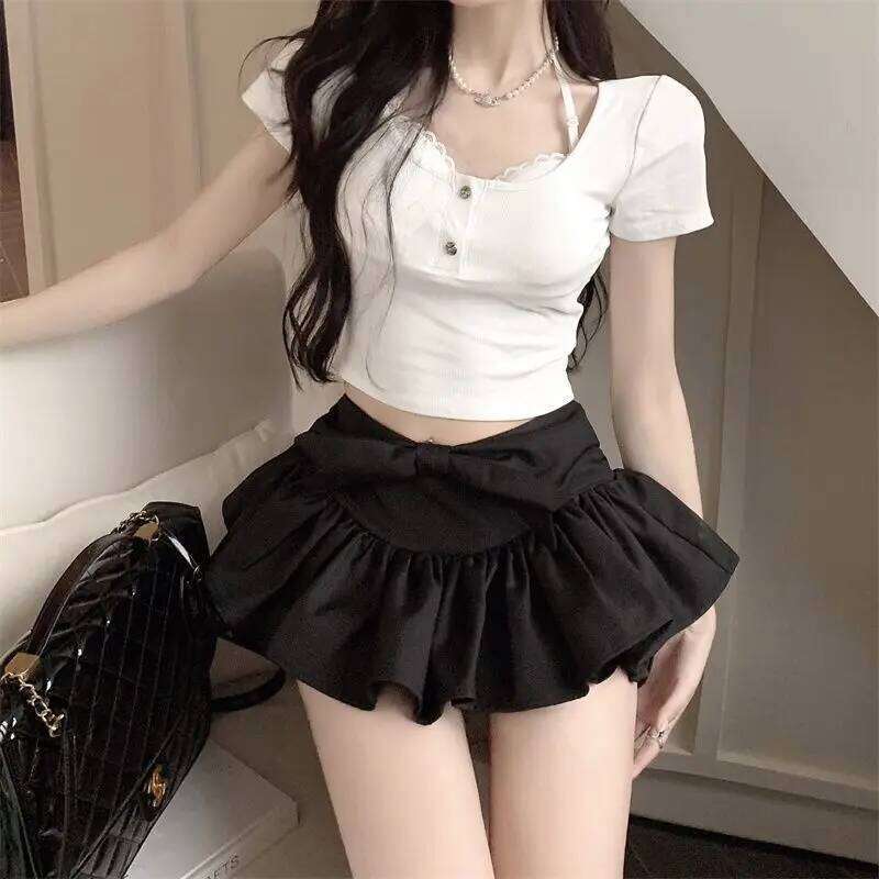 Kawaii Black Mini Women Y2k Fluffy Cake Streetwear Club High Waisted Pants Skirt A-line Ruffle Ballet Girl Harajuku XJ260309