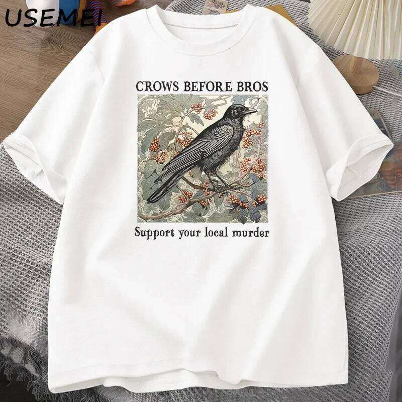 Funny Crows Before Bros Retro T Shirt Women Men Halloween T-shirt Casual Cotton Crewneck Short Sleeve Tee Dark Academia Clothing XJ260306