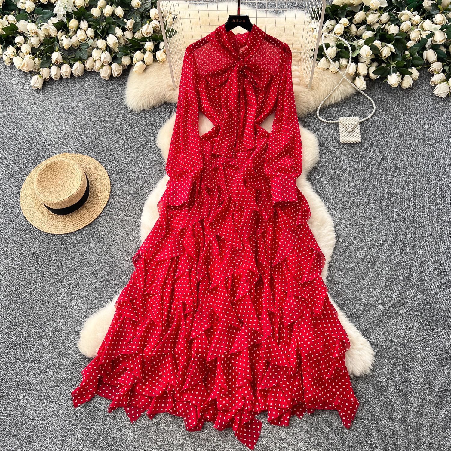 Light Mature Style Niche Bow Tie Long Sleeve Polka Dot Dress For Women Autumn Irregular Ruffle Long Dress