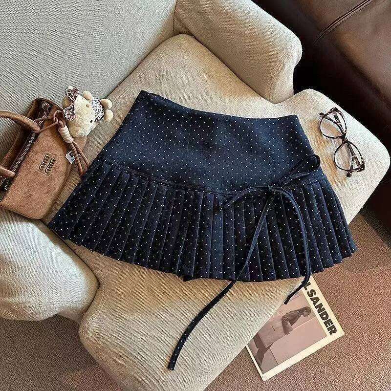 Preppy Varsity Korean Japan Style Sweet Bloe Gyaru Women's short Polka Dot Solid color Bow Pleated Skirt Mini skirt Summer XJ260309
