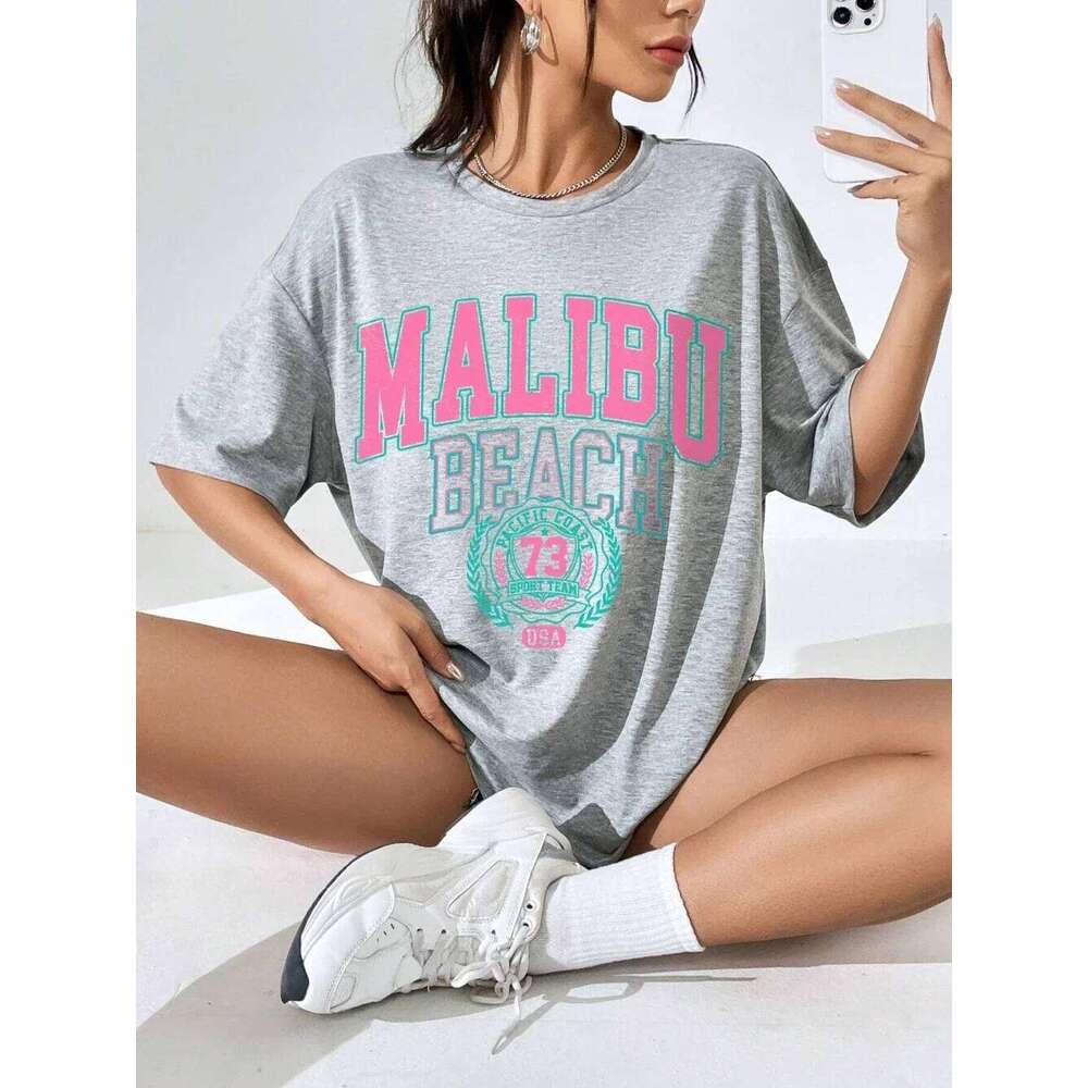 Malibu Beach Letter Print Womens T-Shirts Street Casual Tshirt Summer Brand Tee Clothing Hip Hop Breathable Tshirts Women XJ260306