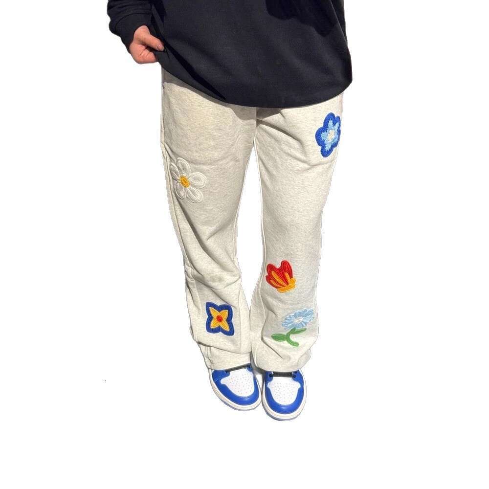 American-Style Floral Embroidery Curved Hem Sweatpants For Men, Niche Design, Loose Casual Sports Cleanfit Micro-Flared Straight Pants