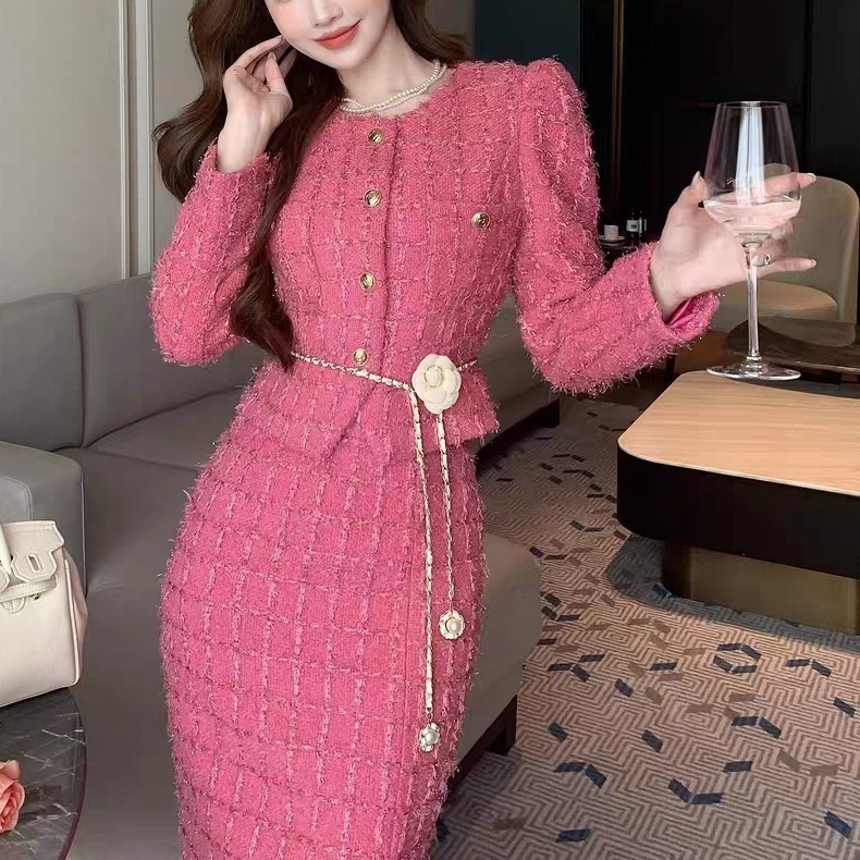 Autumn Spaghetti Strap Woolen Patchwork Mesh Tulles Midi Dress Short Tweed Jacket Coat For Women 2 Pieces Set Outfits 240708