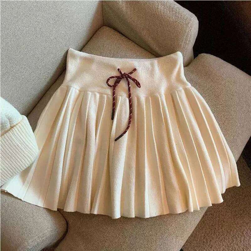 Korean Drawstring Lace-Up Pleated Skirt Women Preppy Style High Waist Slimming Knitted Mini Sweet Cute Jk Skirts XJ260309