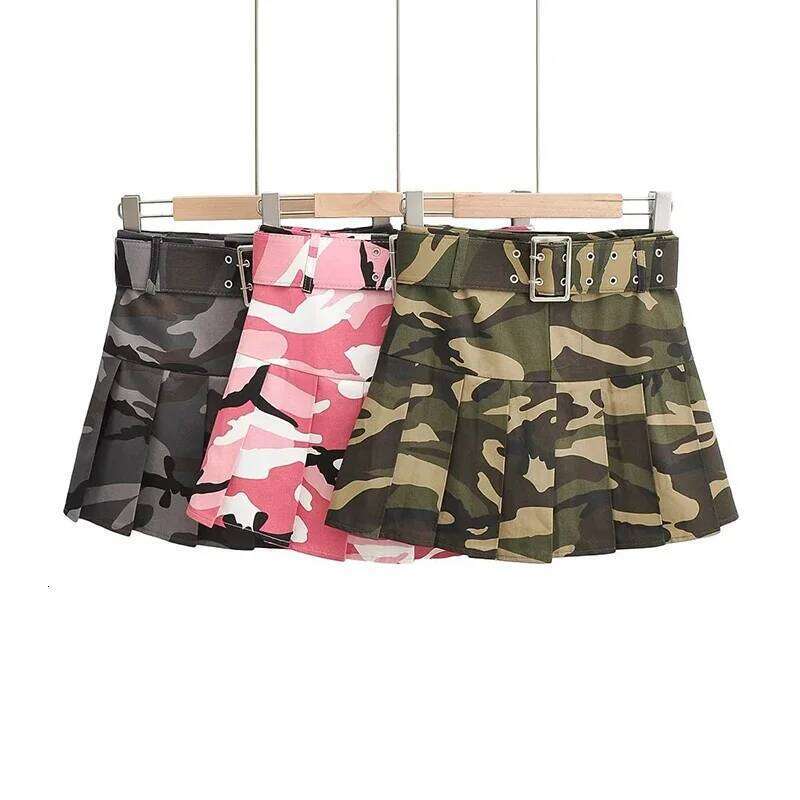 Street Women Pink Camouflage Mini Dance School Girls High Waist Belt Camo Pleated Skirt Cosplay A Line Skirts New XJ260309