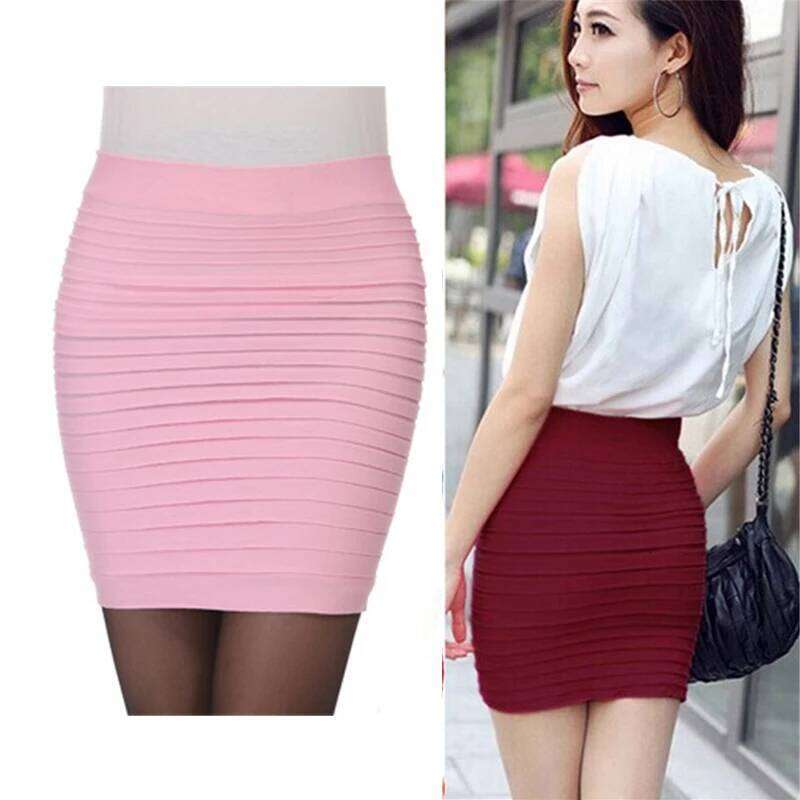 Elastic Pleated High Waist Bodycon Mini Skirt Business Office Cheap Short Pencil Skirts Solid Color Pink Black Blue Hot XJ260309
