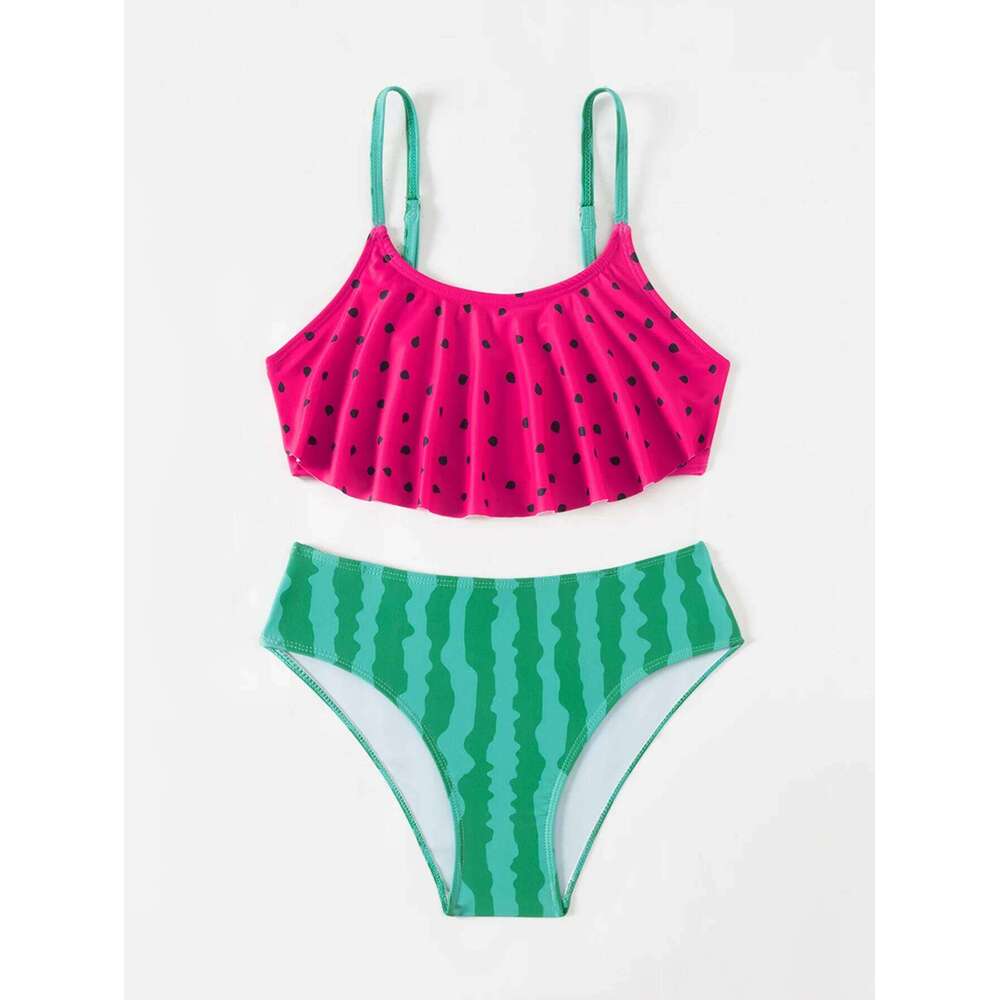 Ruffle Watermelon Print Swimwear Swimsuit Summer Beach Cute Girls Kids Bikini Set Outdoor Children Swimming Suit XJ260206