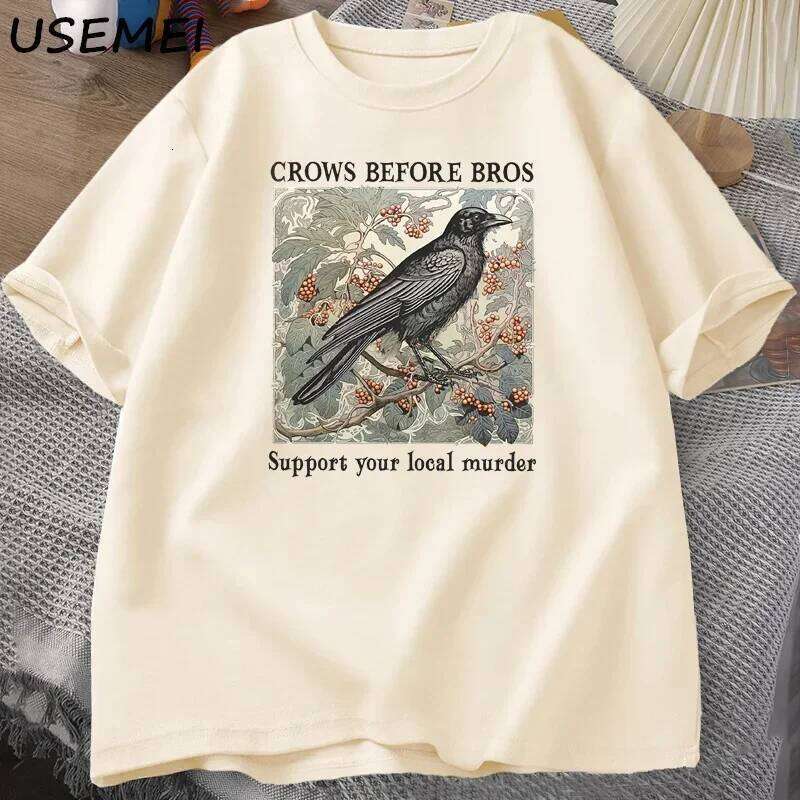 Funny Crows Before Bros Retro T Shirt Women Men Halloween T-shirt Casual Cotton Crewneck Short Sleeve Tee Dark Academia Clothing XJ260306