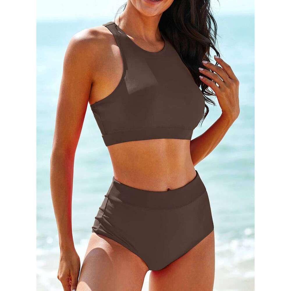 Bikinis 2025 Women High Waist Swimsuit Solid Neck Swimwear Female Sports Vest Bathers Bathing Swimming Suit Summer Beachwear XJ260206