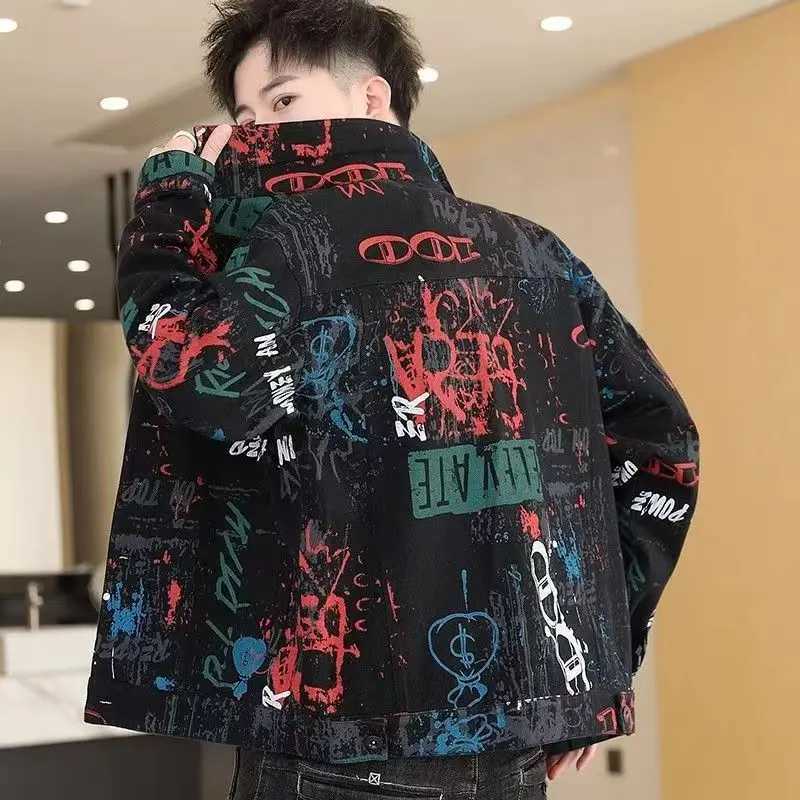 Vintage Loose Mens Print Denim Jacket Spring Autumn Casual Long Sleeve Outerwear Coat M260309