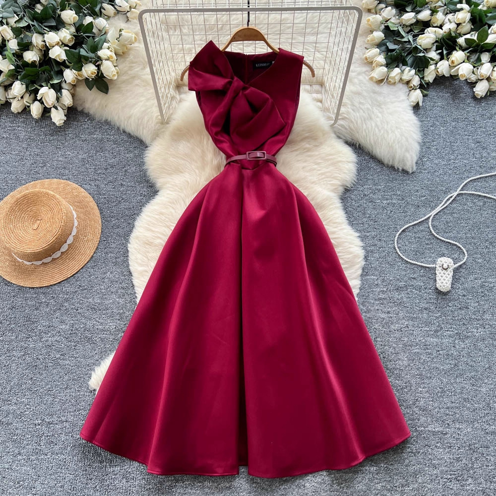 Elegant Womens Evening Party Dress With Bow V-neck Sleeveless Waist-cinching Slimming Long Skirt With A Large Hem