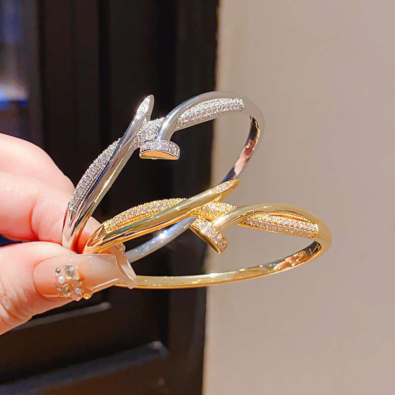 Jewelry Bracelets Bangle 18K Real Gold Plated French Zircon Cross Nail Adjustable Clasp Exquisite Unique High-End Texture Women's