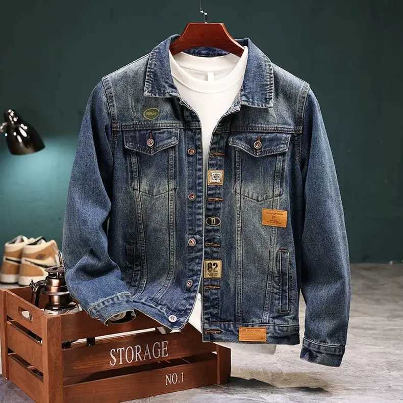 Korean Fashion Stylish Retro Cotton Outerwear Men Single Breasted Casual Jacket Spring Autumn Embroidered Jeans Coat M260309