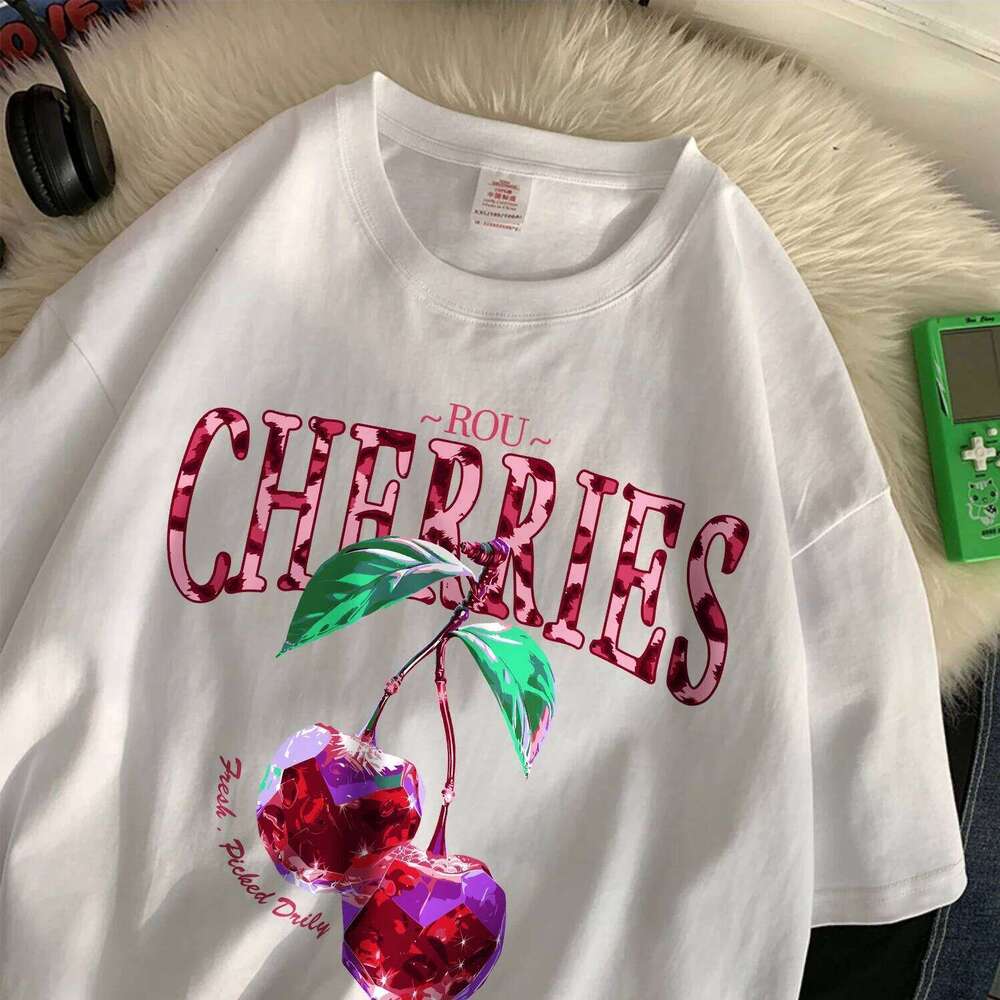 ROU Cherries T Shirt Women Crystal Prints Oversize Cotton T-Shirts Casual O-Neck Short Sleeve Tops Summer Woman Clothes XJ260306