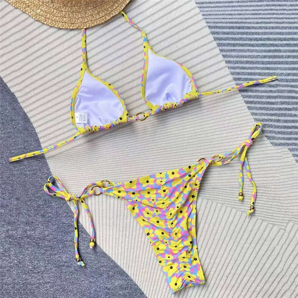 Sexy Yellow Floral Print Swimsuit Micro Bikini Thong 2025 Women String Halter Swimwear Bathing Suit Biquinis Mini Bikinis Sets XJ260206