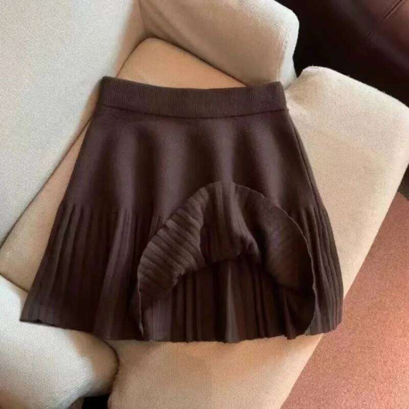 Korean Sweet Elegant Mini Skirts Women Y2K High Waist Elastic Pleated Autumn Winter Casual Vintage Fashion Knitted Skirt XJ260309