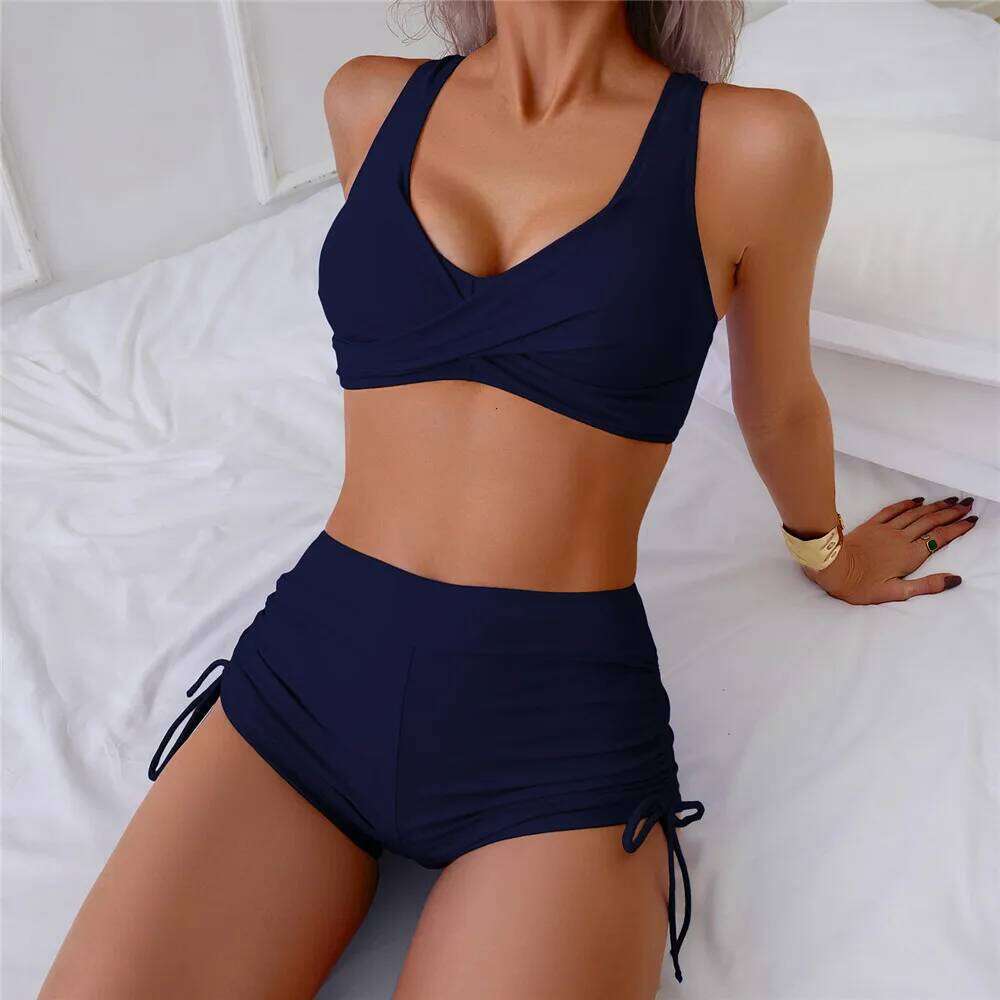 Blue Push Up Bikini High Waist Shorts Bottom Sexy Swimsuit Women Cross Wrinkled Solid Swimwears Bathing Suit Bikinis Sets Mujer XJ260206