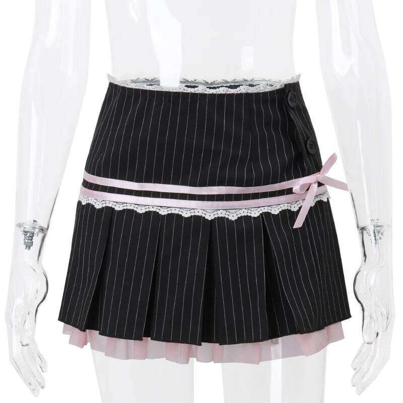Goth Dark Harajuku Y2k Kwaii Lace Trim Mini Skirts Gothic Cutecore Bow Striped Pleated Skirt Low Waist Color Match Party Bottoms XJ260309