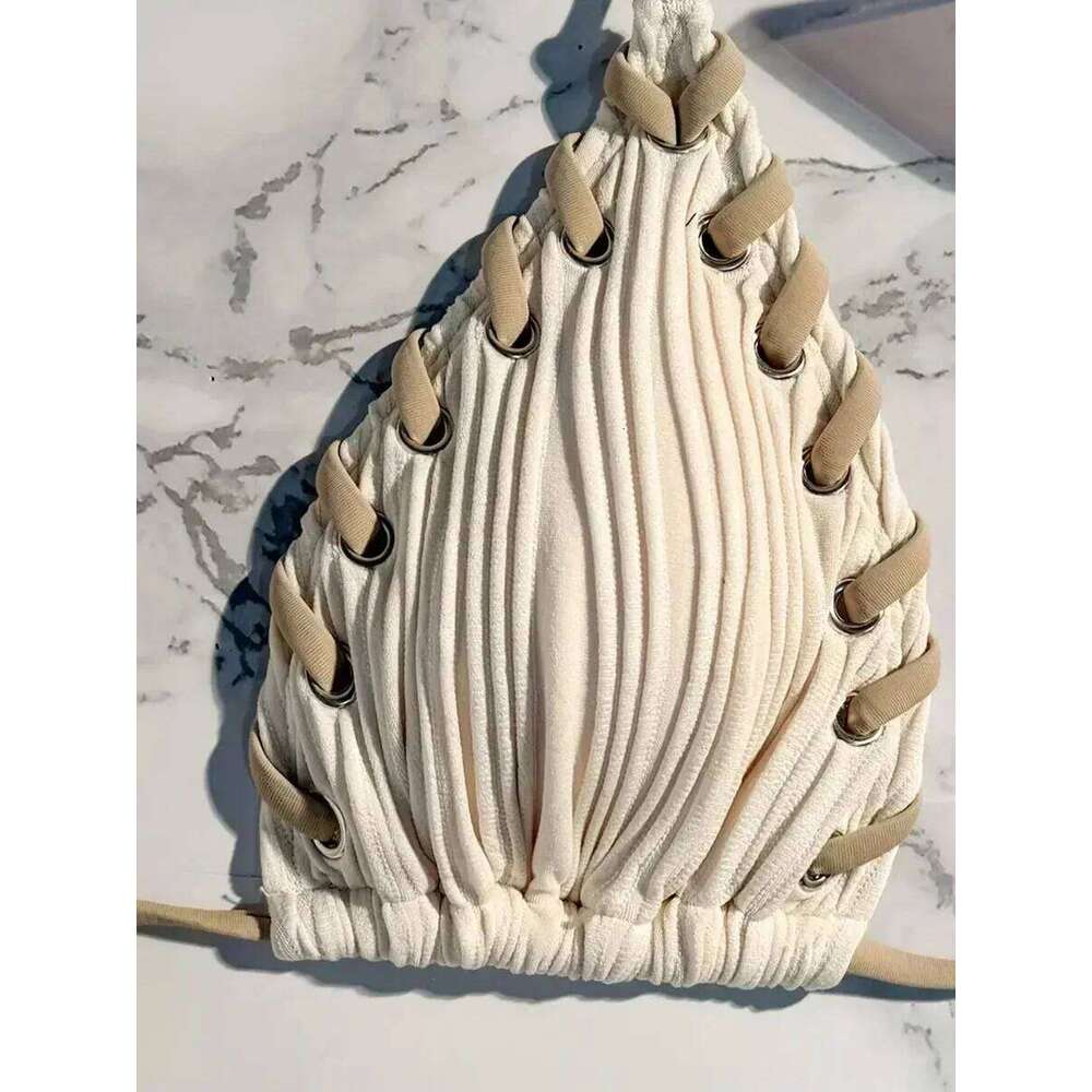 2025 Halter Wrinkled Weave Women Swimwear Female Swimsuit Two Pieces Bikini Set Brazilian Bathing Suit Swim Beach Wear XJ260206