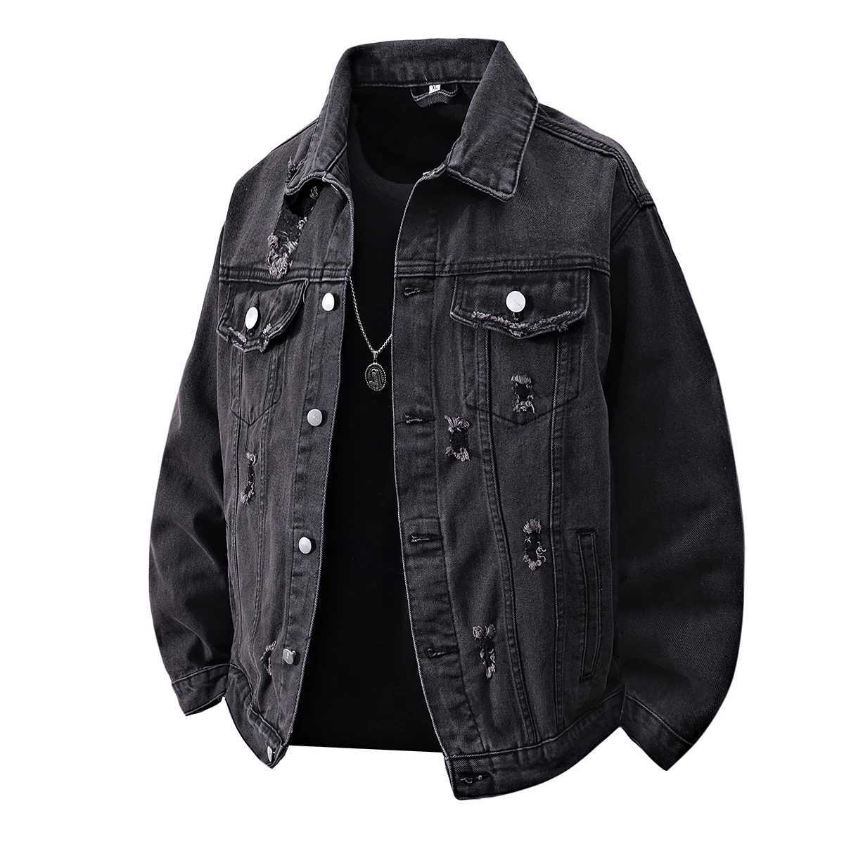 Spring Loose Denim Jacket Men Cotton Hole Casual Coat Preppy Style Harajuku Streetwear Denim Outwear Male Chic Jackets Plus Size M260309