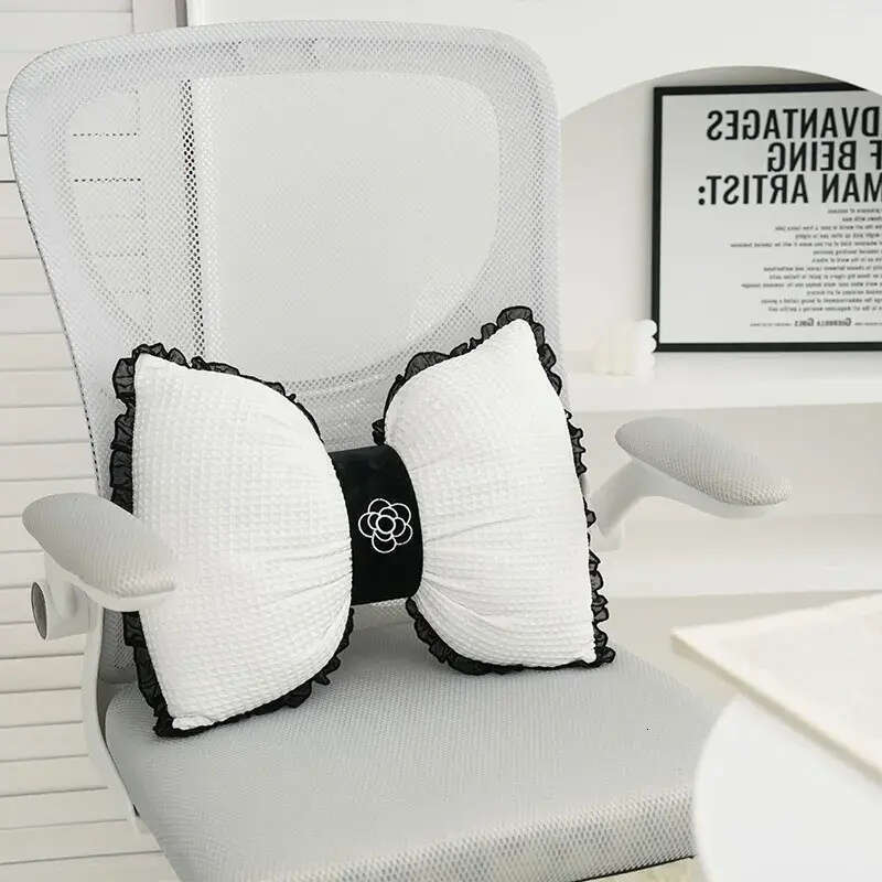 Waffle Bowknot Decorative Cushion: Lace Edge Camellia Lumbar Pillow for Living Room Support Cushion