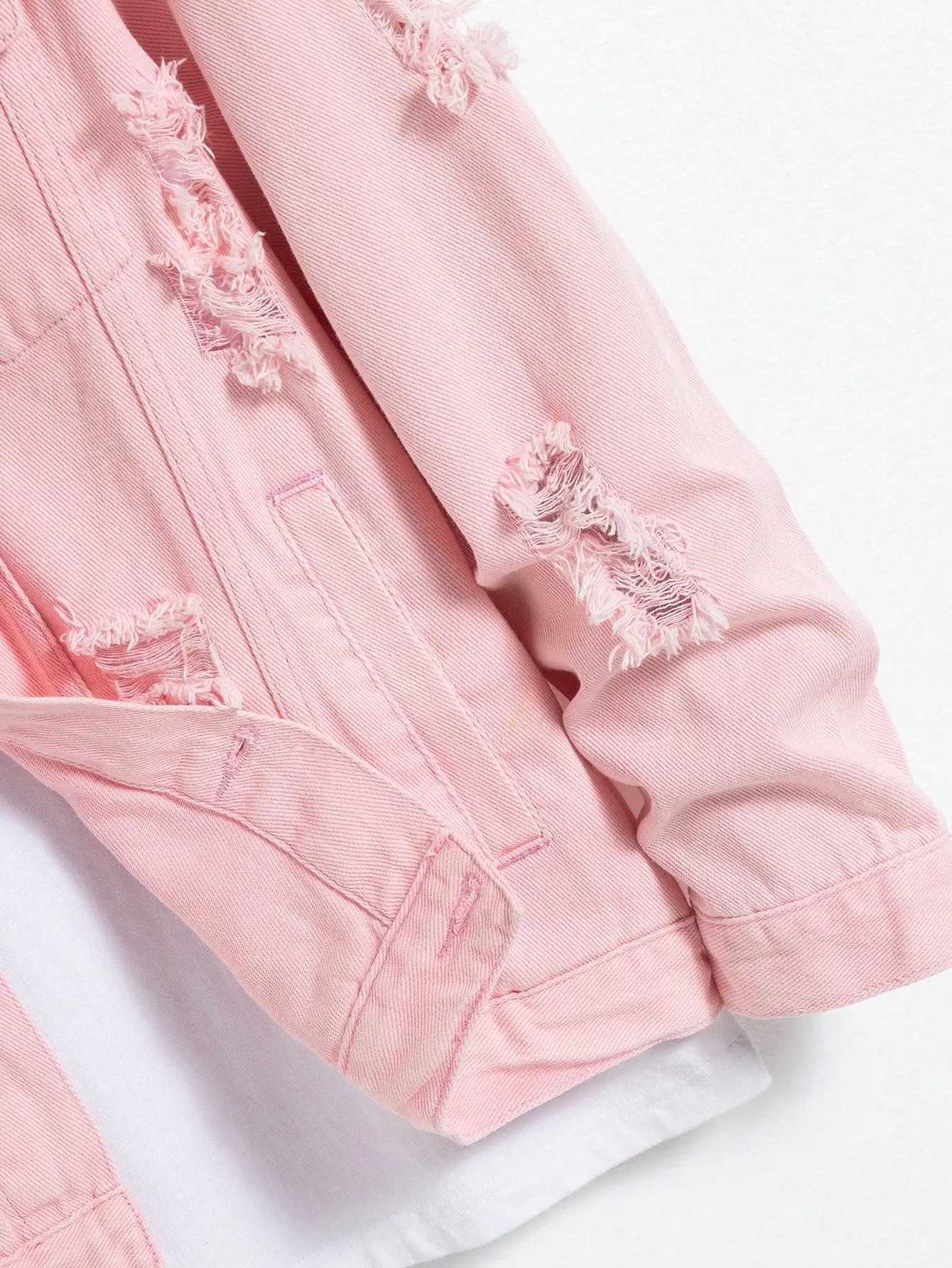 Mens denim jacket for spring and autumn Pink ripped denim jacket Daily casual Fashionable and trendy M260309