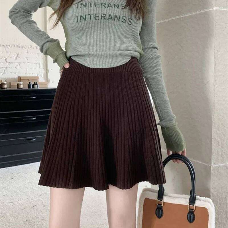 Solid Color All-Match Pleated Mini Woman Autumn Winter High Waist Slimming Knit Skirts Simple Casual Basic A-Line Skirt XJ260309