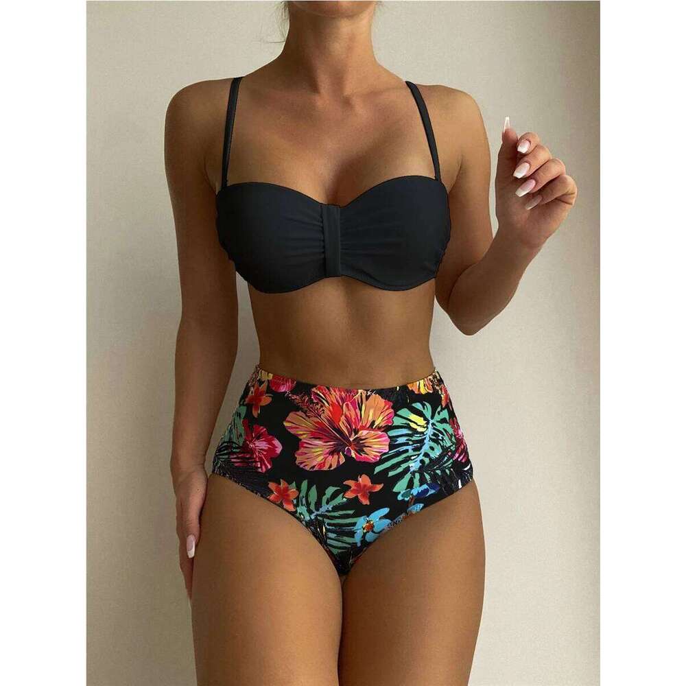 Sexy Solid Bandeau Bikini Set Women Tropical Printed Swimwear Female Push Up Swimsuit High Waist Bathing Suit Tie Back Beachwear XJ260206