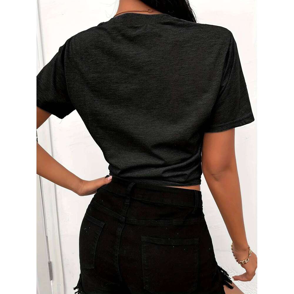 Zipper Lips Print Crew Neck Short Sleeve T-Shirt, Casual Every Day Tops, Women's Clothing XJ260306