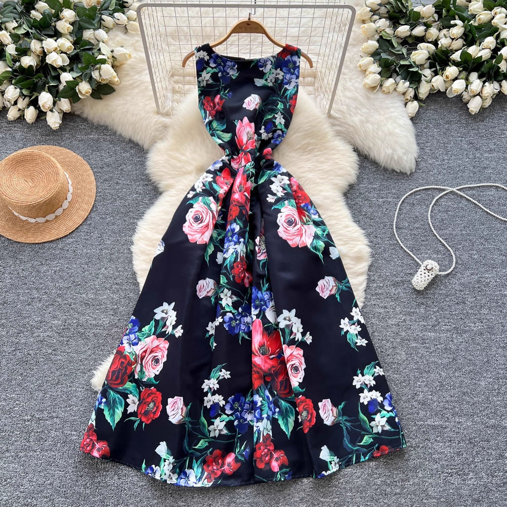 Womens Stylish Dress With A Slimming Waist Sleeveless Fashionable Printed Puffy Gown