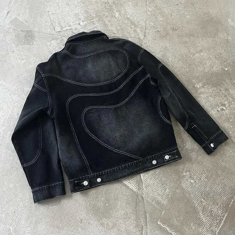 American Streetwear Vintage Wavy Seam Denim Jacket Men Women Black Oversized Coat Curved Stitching Distressed Details Y2K Style M260309
